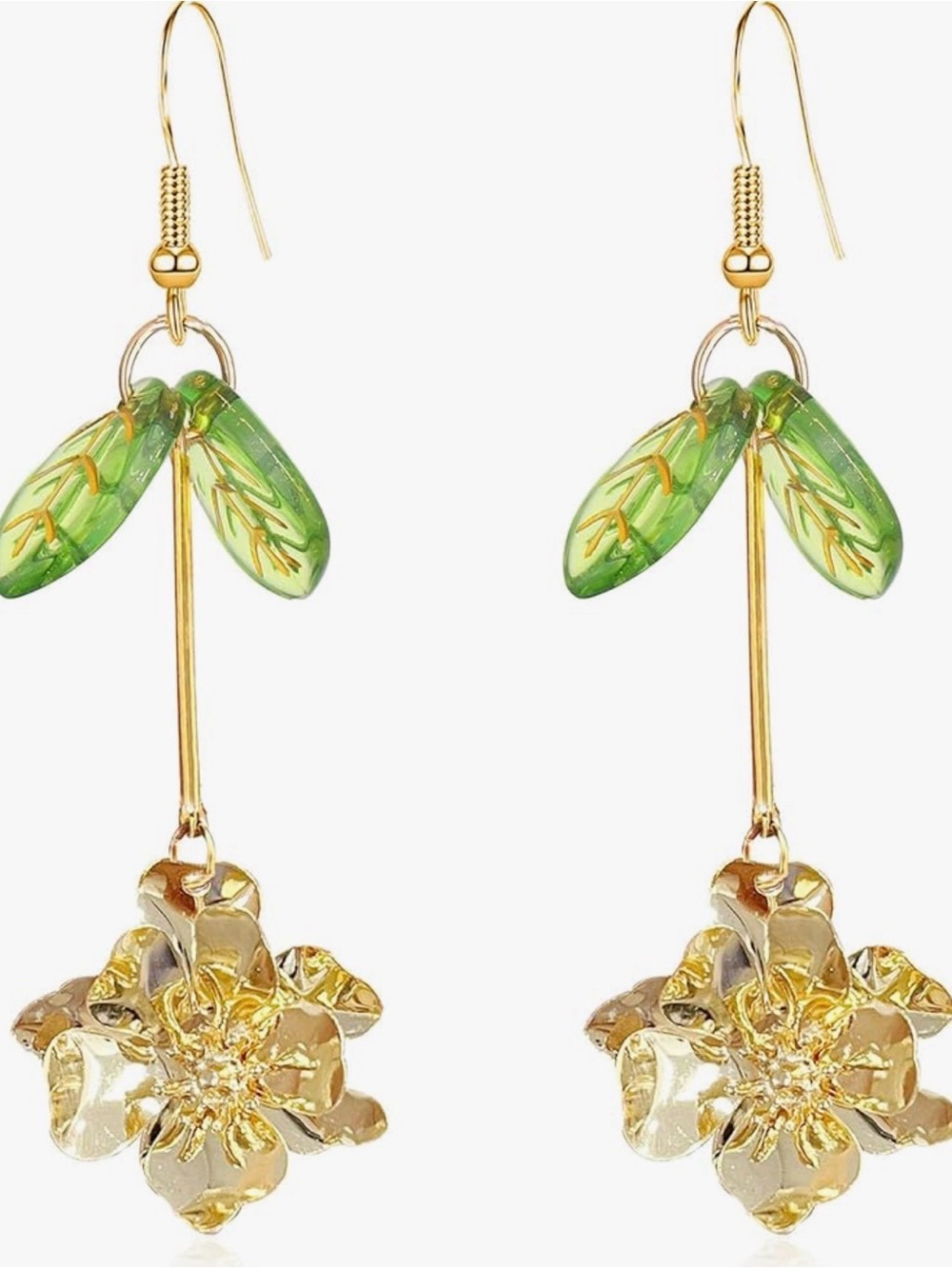 Green Leaf and Gold Floral Drop Earrings